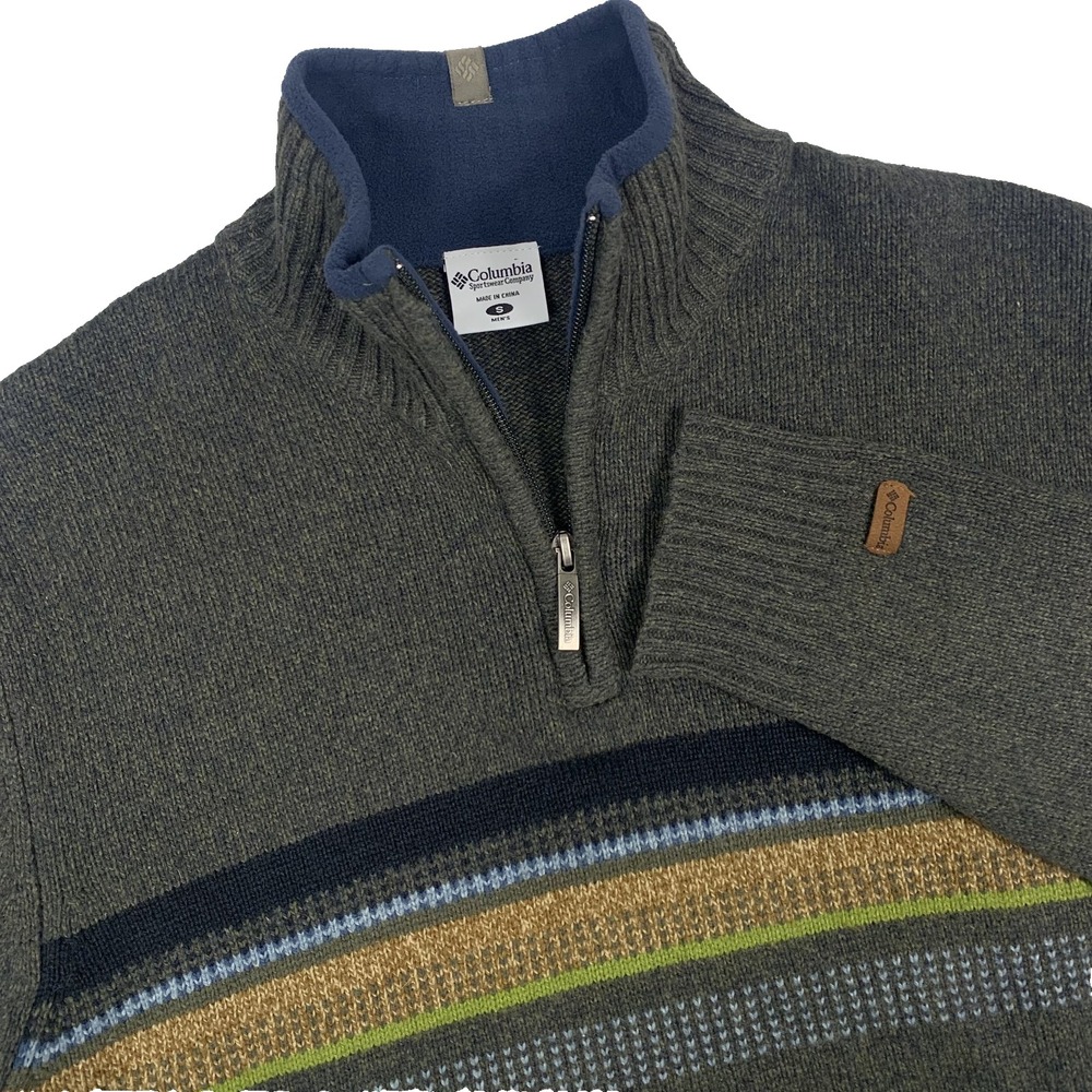 Columbia Mens 1/4 Zip Sweater Striped Mock Neck Knit Pullover Green Small
